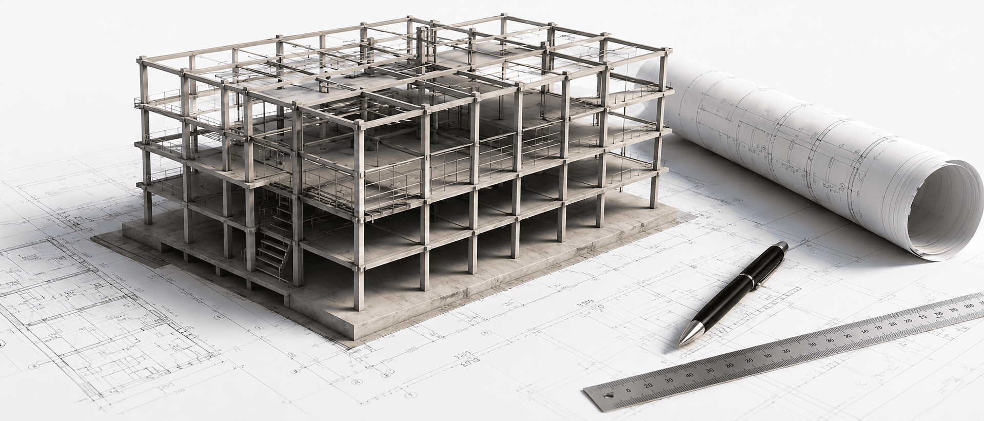 Structural engineering model over technical plans